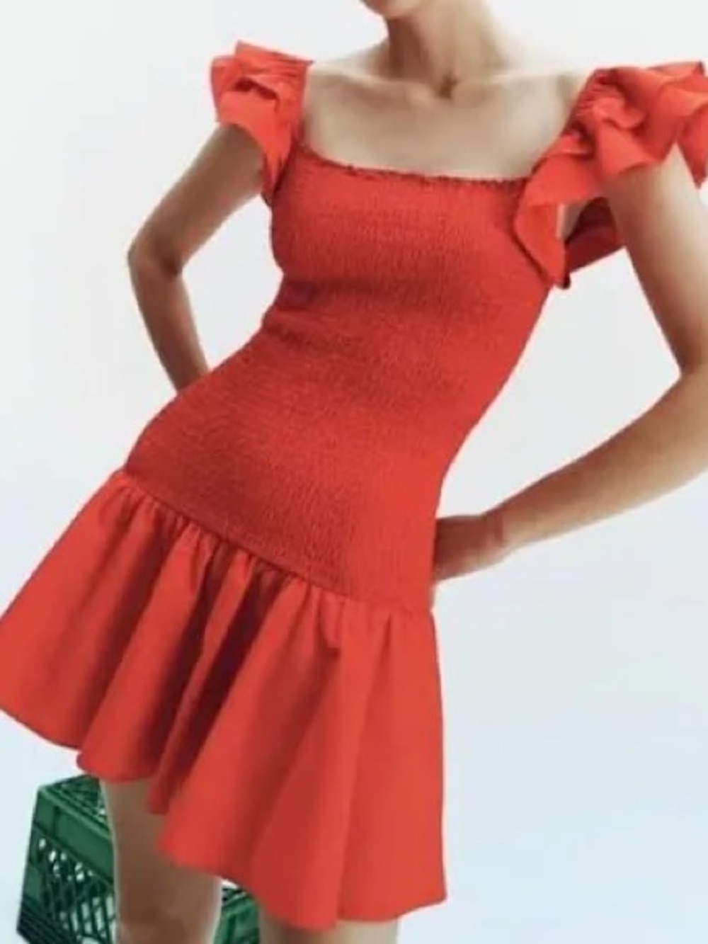 Zara Bright Red Cotton Ruffled Smocked Mini Dress